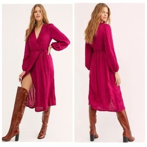 Free People Meringue Wrap Midi Dress Embroidered Pink Size Xs